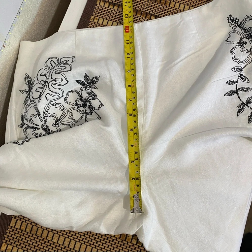 Alexandra Bartlett Women's Linen-Blend Pant Size 14 White Floral‎ Embroidered